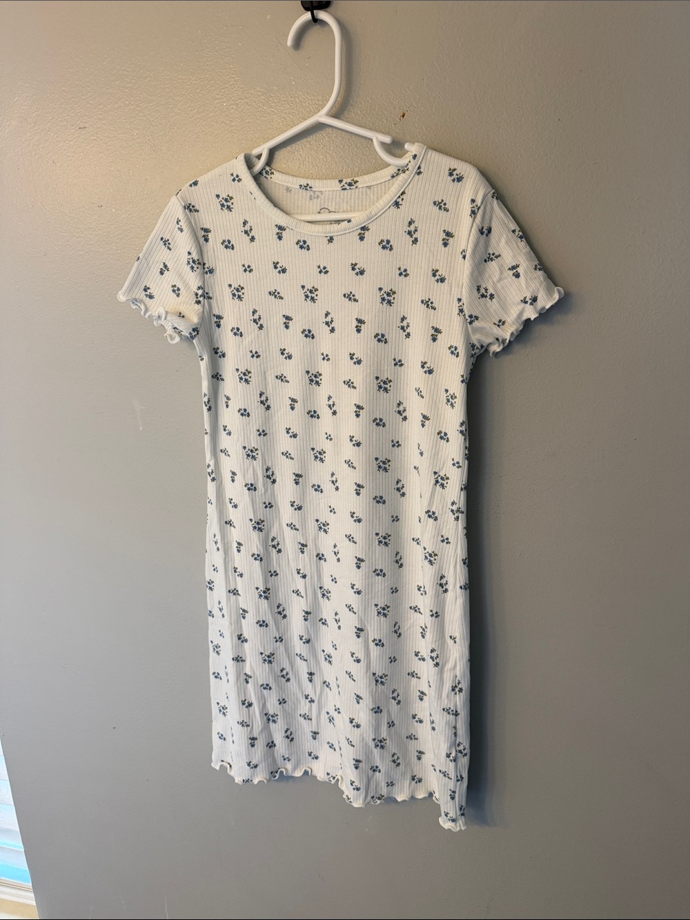 art class White Ribbed Floral Kids Dress with Blue Print